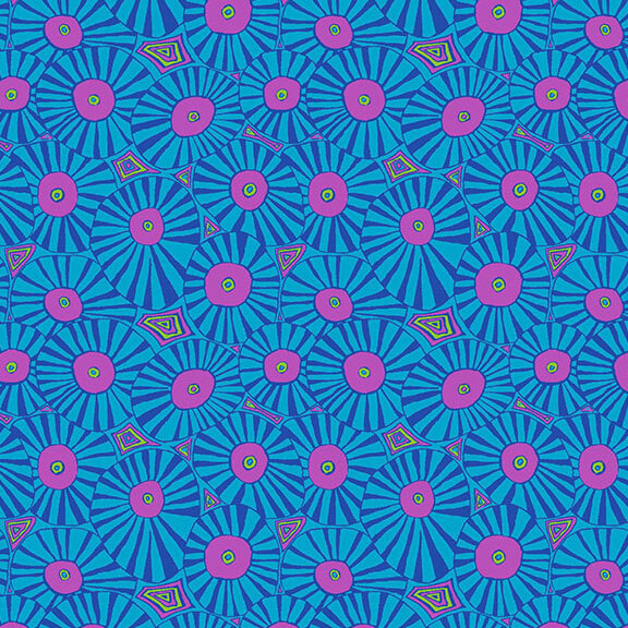 Intricate blue fabric with layered and packed striped circles, with mauve and green accents.