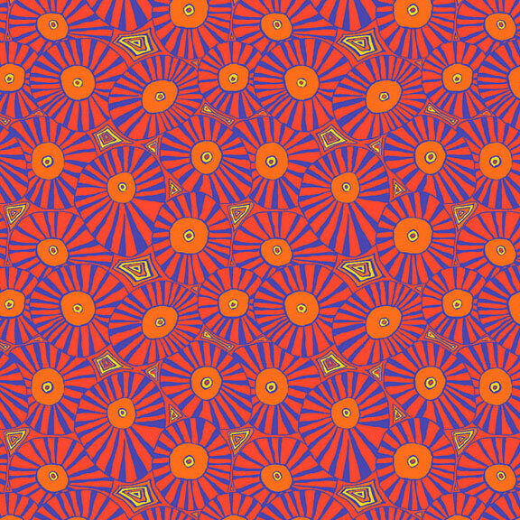 Intricate orange fabric with layered and packed striped circles, with blue and pastel yellow accents.