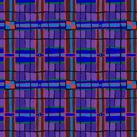 Blue and purple fabric with an intricate, stylized multicolor plaid.
