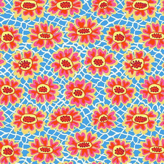Intricate light blue fabric with a white net design over the top, layered with bright, warm, stylized florals. 