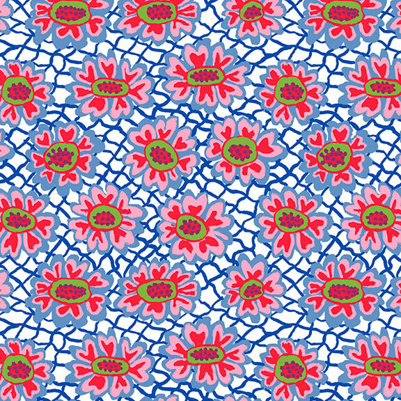 Intricate white fabric with a blue net design over the top, layered with warm, stylized florals. 