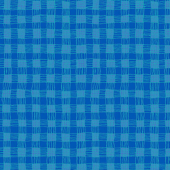 Tonal blue fabric with a stringy gingham pattern of light and dark blues.
