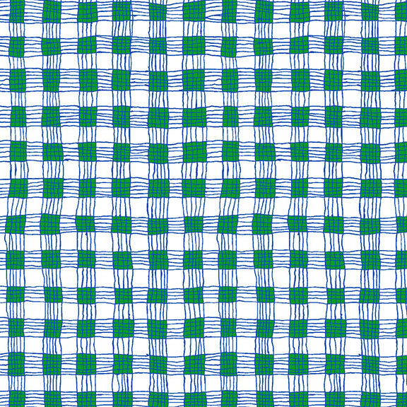 White-cream fabric with a stringy gingham pattern of blue and green lines.