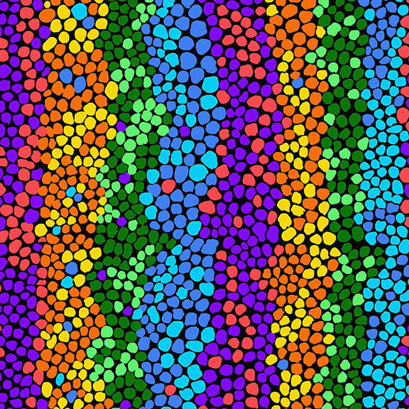 Black fabric with a packed, rainbow-striped pebble design.