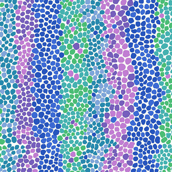 White fabric with a packed, blue, teal, green, and purple striped pebble design.