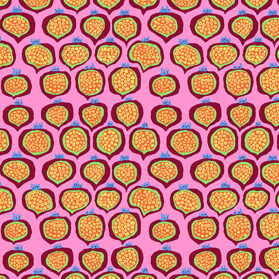 Rich pink fabric with a staggered natural grid of halved multicolor pomegranates.