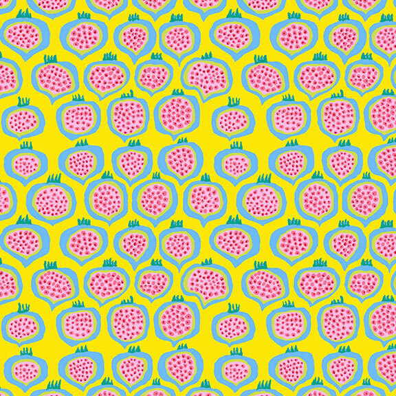 Bright yellow fabric with a staggered natural grid of halved multicolor pomegranates.