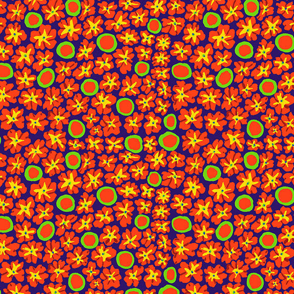 Lagoon blue fabric with a packed design of bright orange, green, and yellow florals and circles.