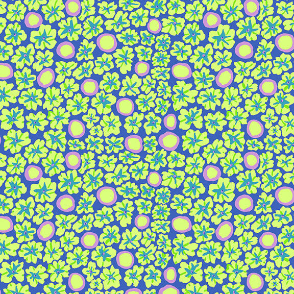 Periwinkle blue fabric with a packed design of bright green, teal, and mauve florals and circles.