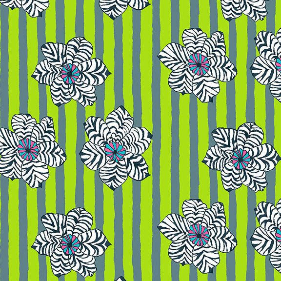 Lime and xanadu green striped fabric with a layered design of black and white zebra-striped lilies.