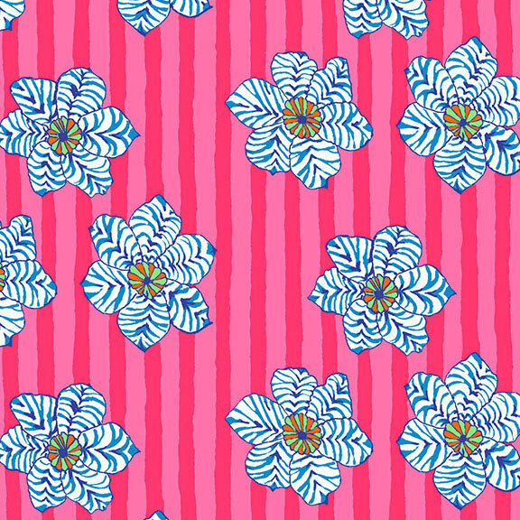 Pink and hot pink striped fabric with a layered design of blue and white zebra-striped lilies.