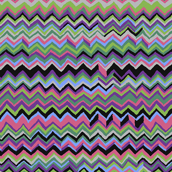 Cool-tone fabric featuring rows of layered multicolored zig-zags.