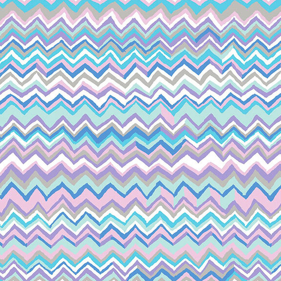 Pastel purple and blue-tone fabric with rows of layered multicolored zig-zags.