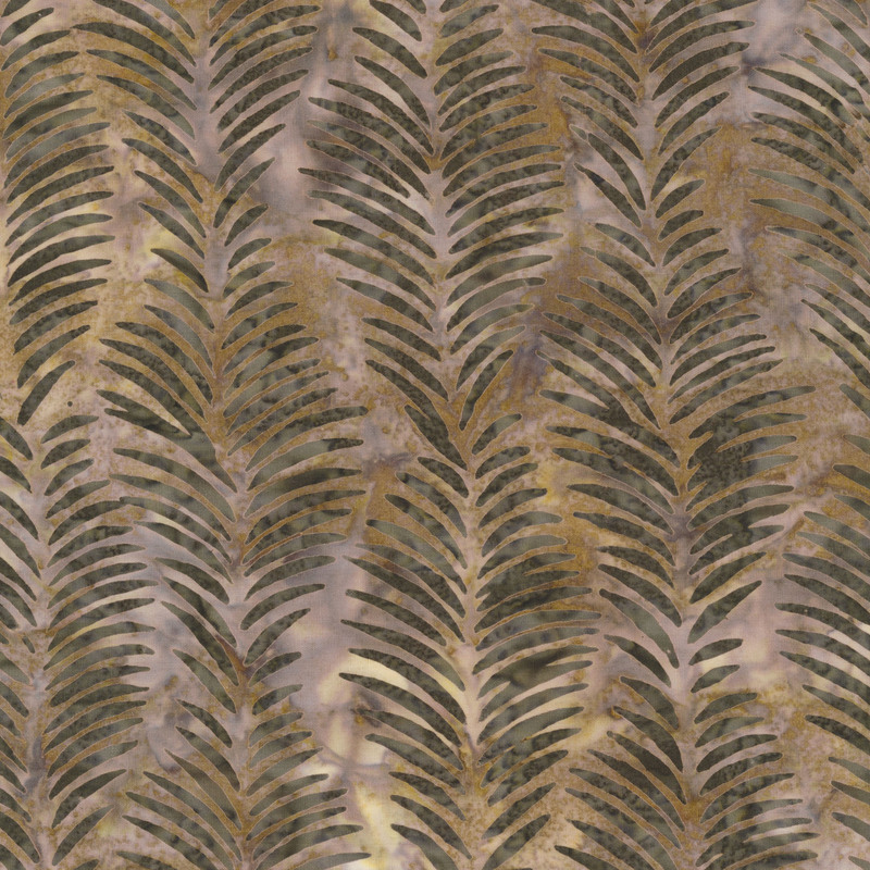 Taupe batik with stylized dark stone gray palm leaf motifs.