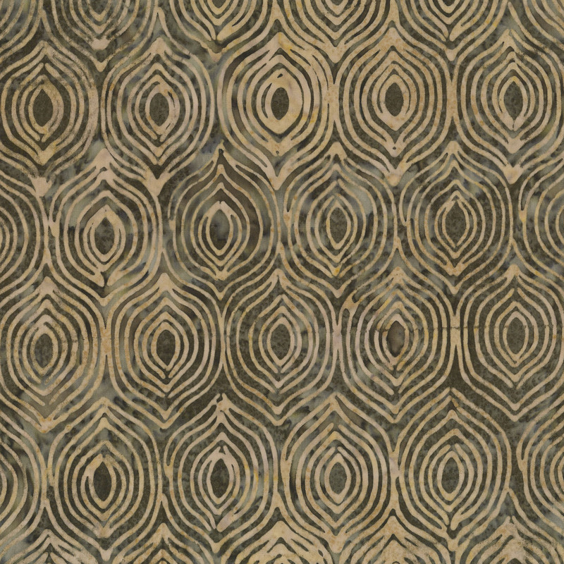 Brown-gray batik with a tan stylized ornamental damask pattern.