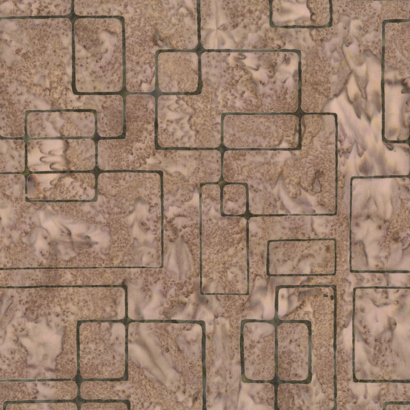 Taupe batik with dark green rectangles over the top.