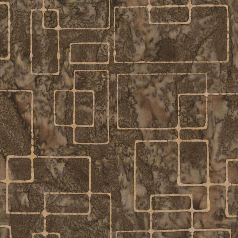 Chocolate batik with tan rectangles over the top.