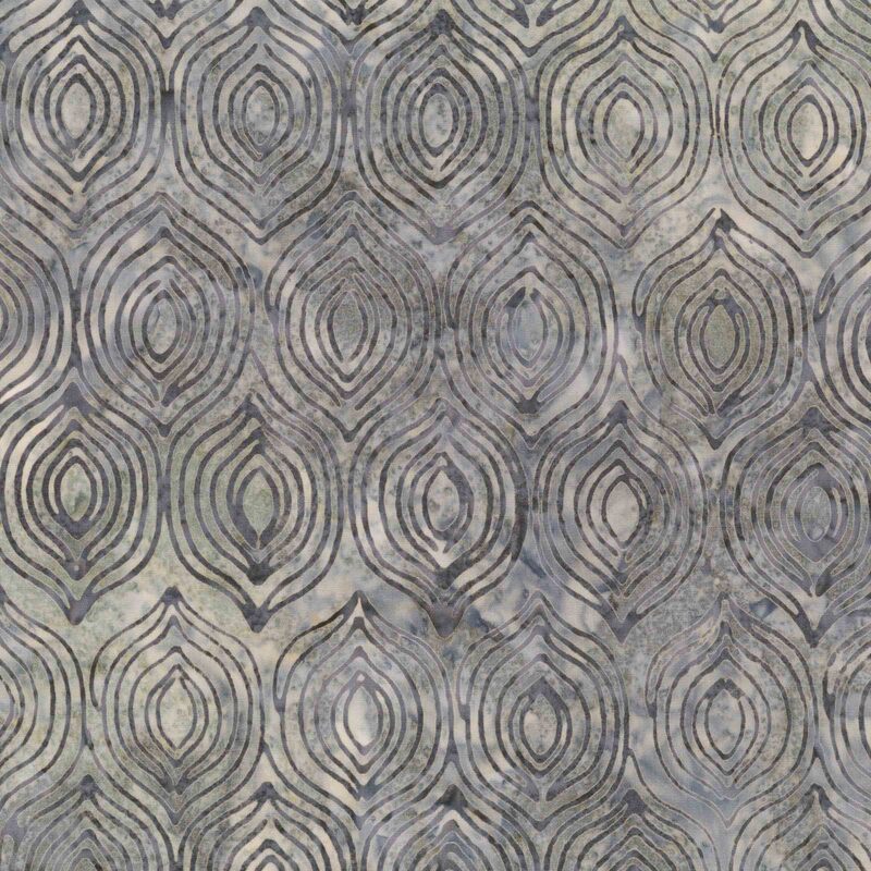Stone gray batik with a dark gray stylized ornamental damask pattern.