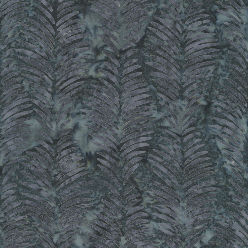 Slate gray batik with stylized cool gray palm leaf motifs.