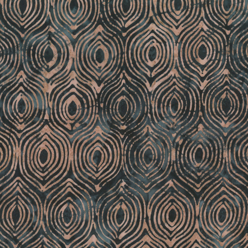 Slate gray batik with a hazel stylized ornamental damask pattern.