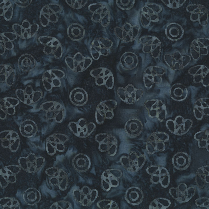 Dark slate gray batik with cool gray stylized circles and leaf motifs.