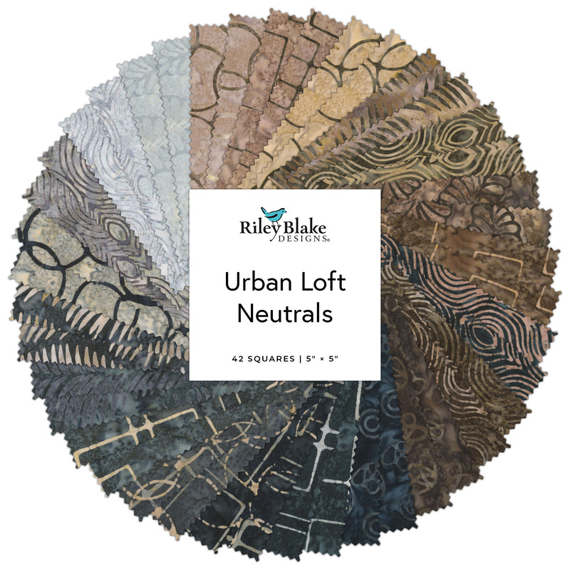 Charm Pack collage of the Urban Loft Neutrals fabric collection.