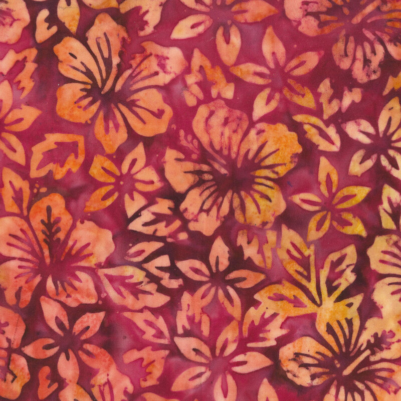Yellow and coral orange florals over a bright pink-magenta batik.