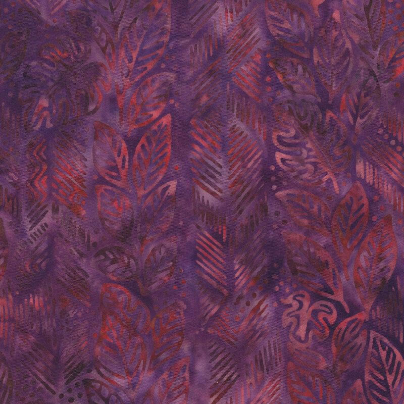 Pink and bright magenta leaves, lines, and dots over a violet batik.
