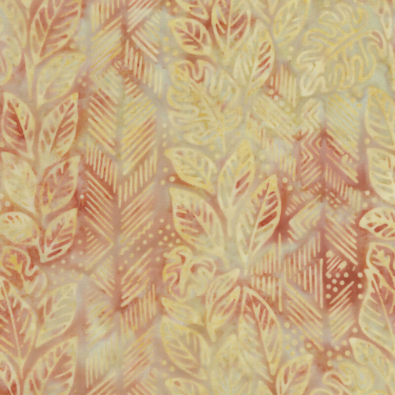 Soft yellow leaves, lines, and dots over a chiffon yellow batik.