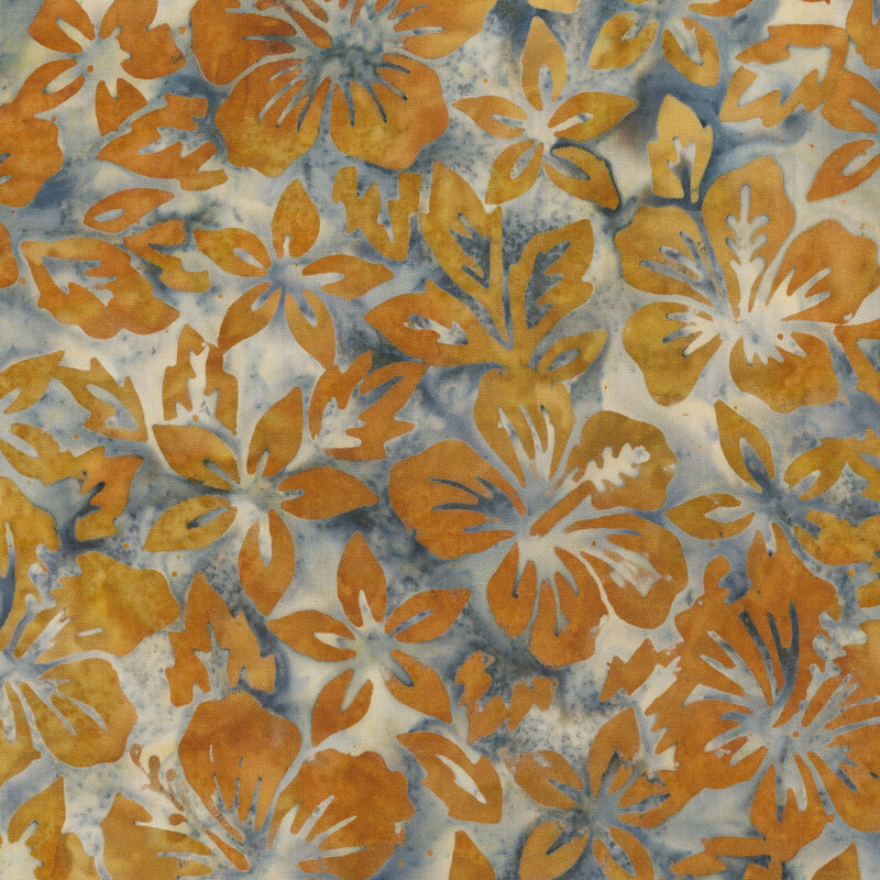 Orange-gold florals over a gray and cream batik.