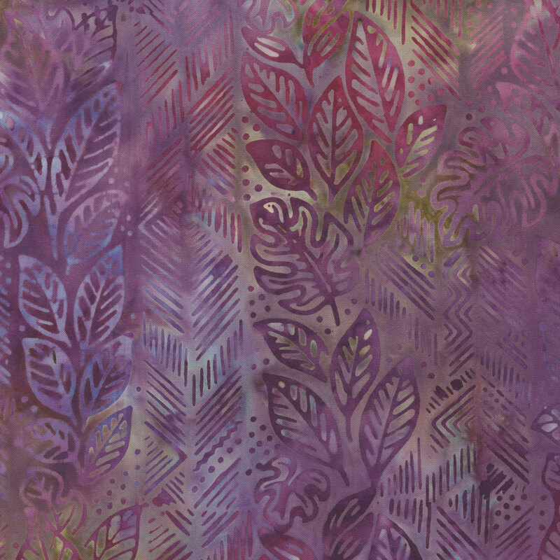 Plum and lavender leaves, lines, and dots over a purple batik.
