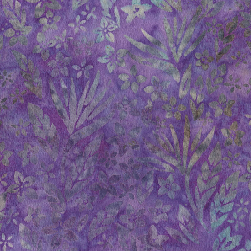 Aqua and gray florals and leaves over a violet batik.