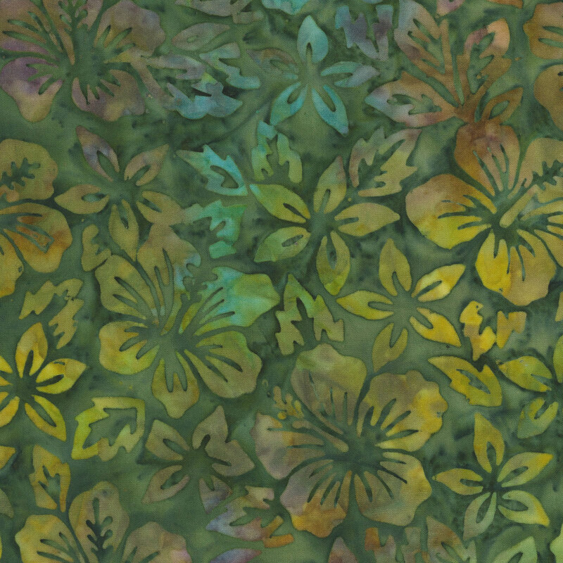 Olive and yellow green florals over a dark green batik.