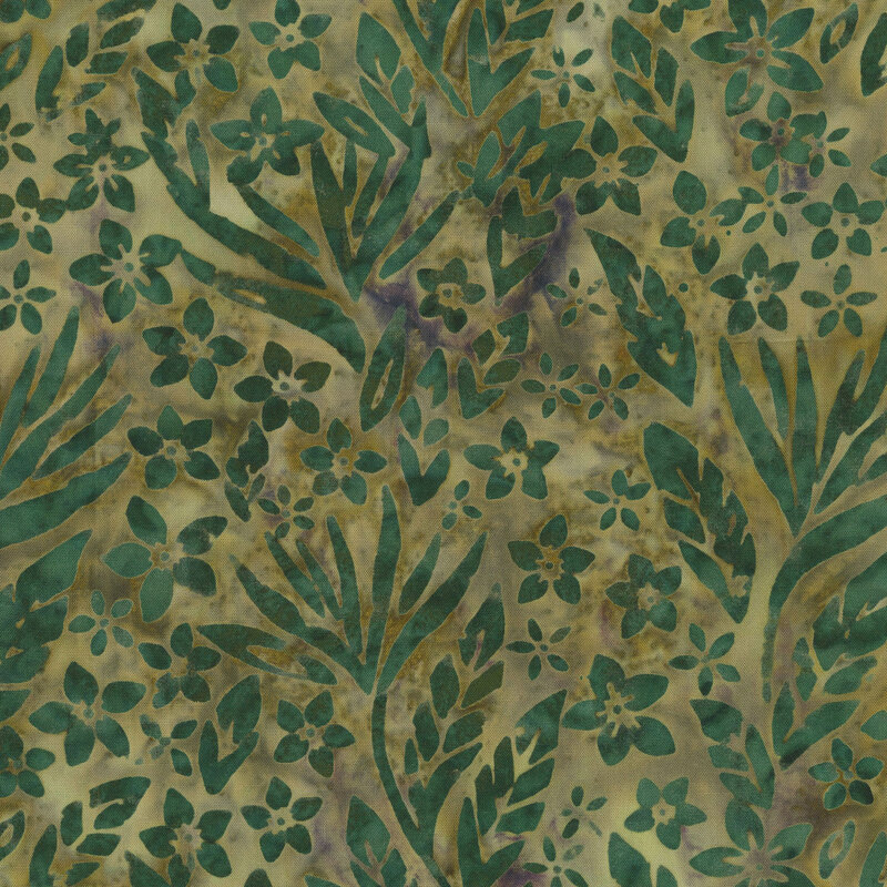 Dark green leaves and florals over a dark sage batik.