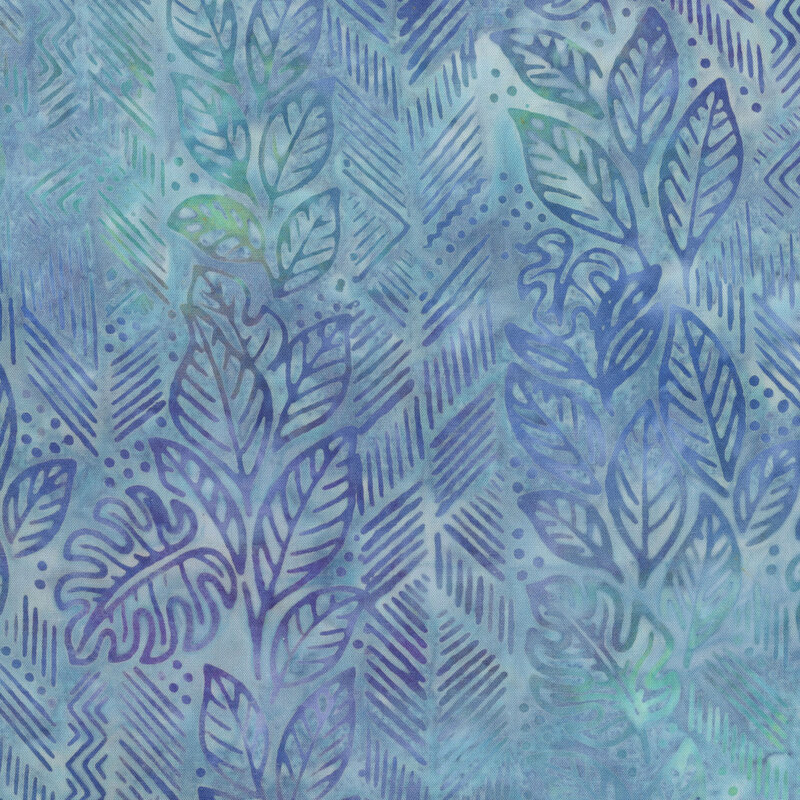Dark blue and azure leaves, lines, and dots over a powder blue batik.