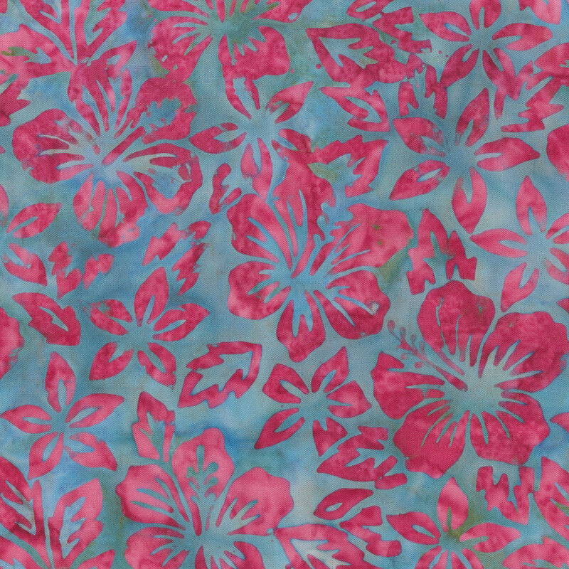 Hot pink florals on top of a dark turquoise batik.