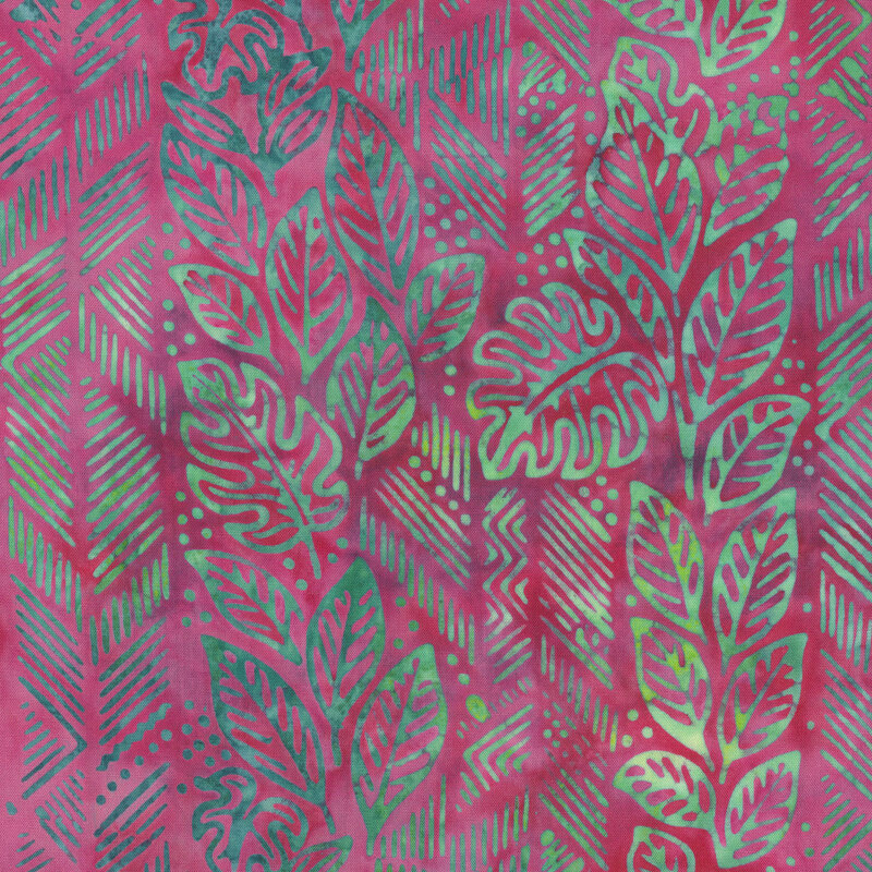 Aquamarine leaves, lines, and dots over a passion purple batik.