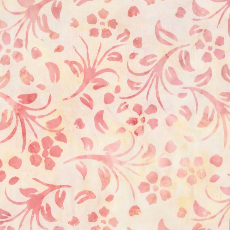 stylized floral sprigs in rose pink hues on a mottled pale yellow background.