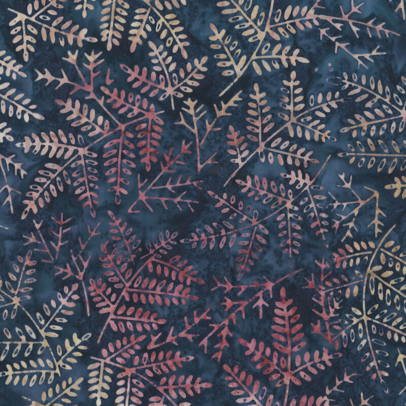 dark indigo fabric with mottled fern leaves in shades of magenta and pale yellow