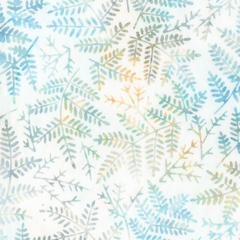 Ice blue fabric with mottled fern leaves in shades of blue, aqua, teal, and daffodil