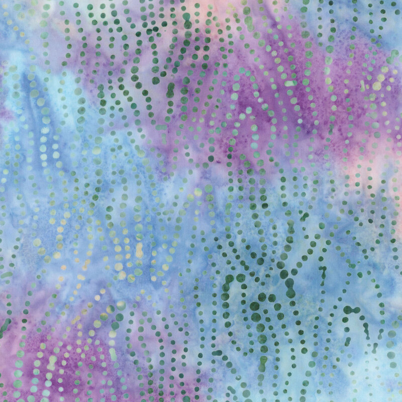 sky blue, magenta, and aqua watercolor fabric featuring dotted accents in shades of green