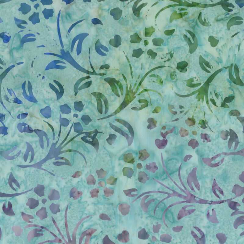 stylized floral sprigs in mottled green, blue, and purple hues on a medium teal background.