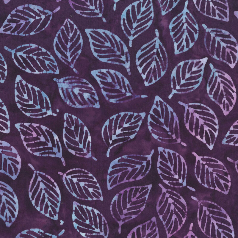 dark plum mottled fabric featuring a tropical leaf print in shades of sky blue and lilac