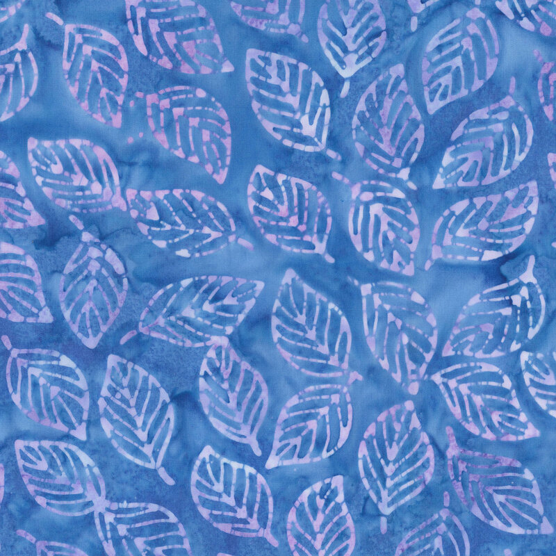 azure blue mottled fabric featuring a tropical leaf print in shades of lavender and lilac