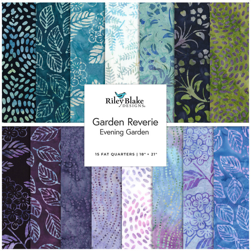 Evening Garden fat quarter bundle featuring teal, blue, green, and purple batik fabrics from the Garden Reverie collection.