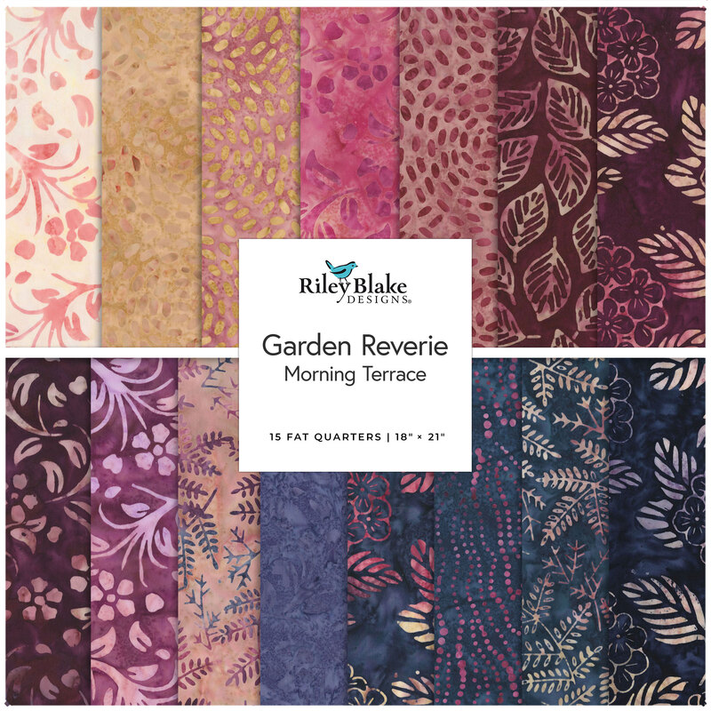 Morning Terrace fat quarter bundle featuring purple, blue, and yellow batik fabrics from the Garden Reverie collection.