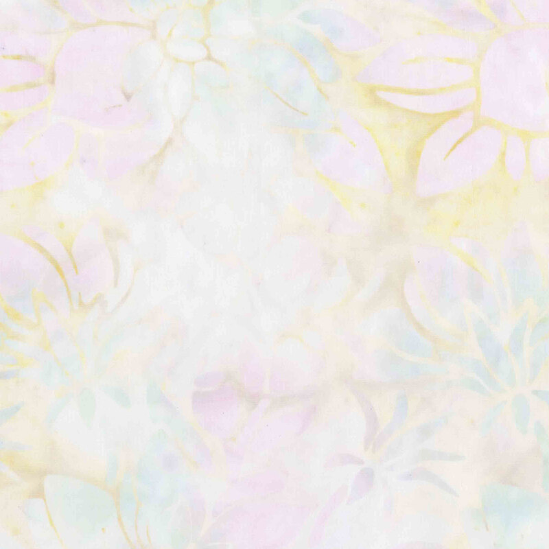 Cream and light yellow batik overlayed with pastel pink and aqua florals.