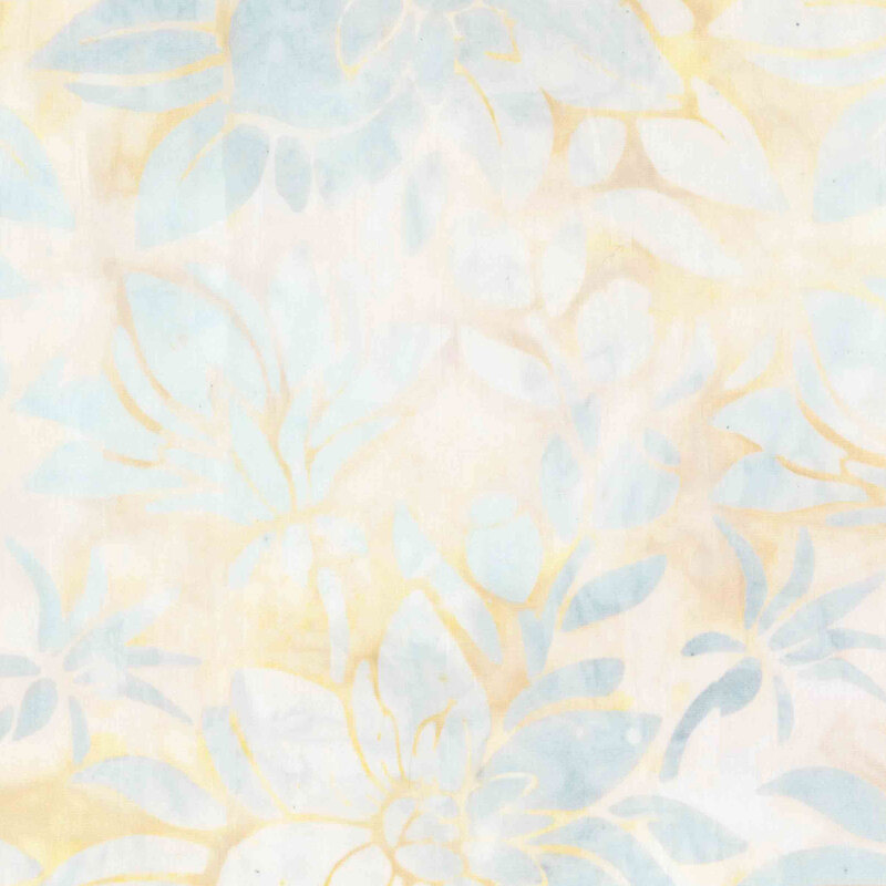 Cream and corn-silk batik overlayed with blue-gray florals.