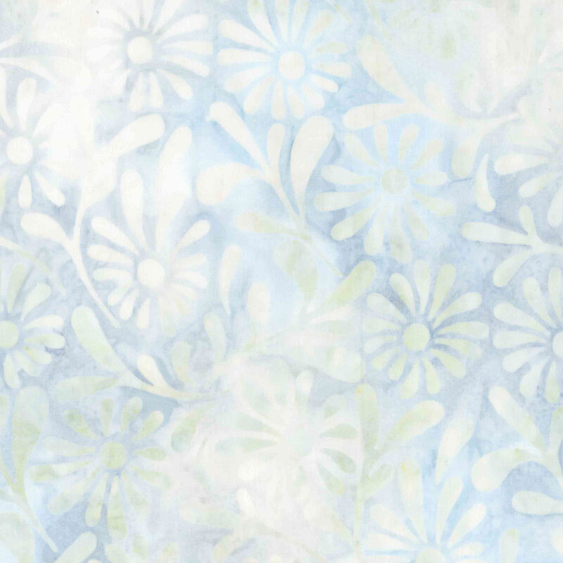 Blue batik with cream and light sage overlayed florals.