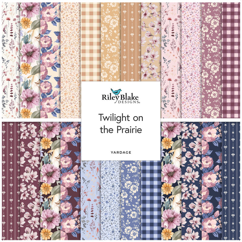 Collage of the available yardage fabrics from the Twilight on the Prairie fabric collection.